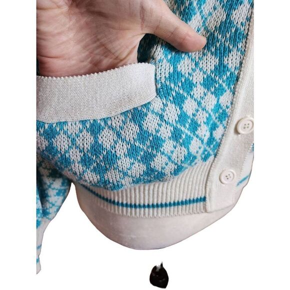 Vintage Argyle Cardigan Sweater Button Front Pockets Medium 60s 70s Golf Quirky - Picture 3 of 7